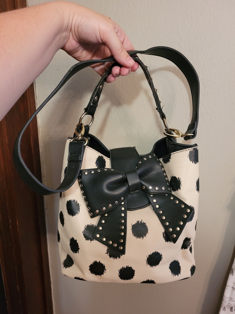 Black & Cream Polka Dot Shoulder Bag with Studded Bow Betsey Johnson